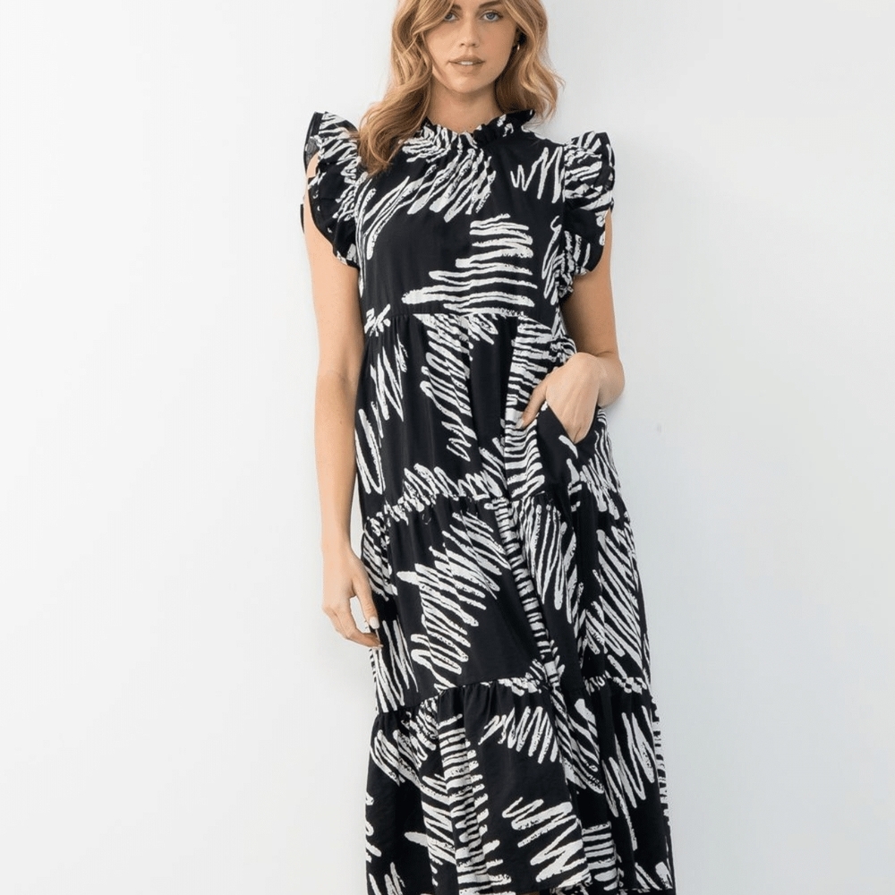THML Flutter Sleeve Tiered Print Dress